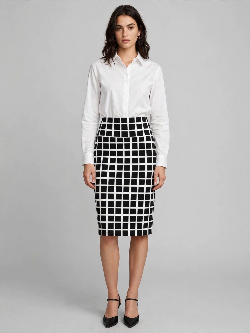 Black & White Grid Pencil Skirt - Modern Office Staple